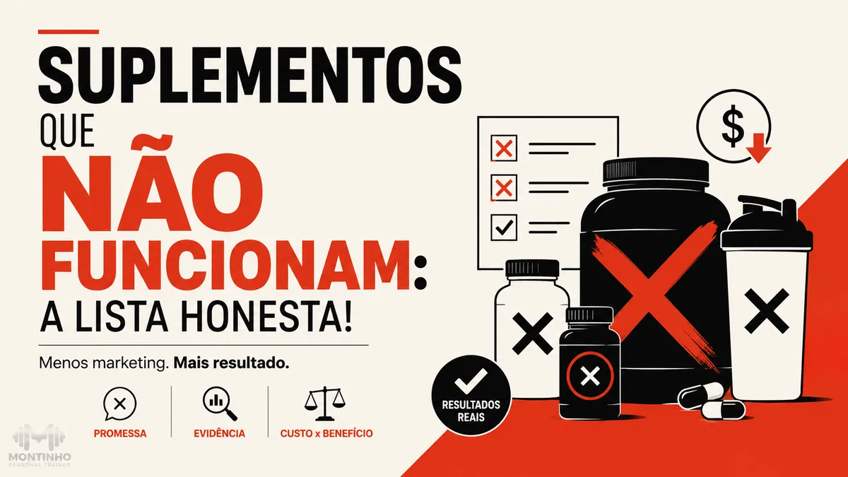 Arte da capa: potes de suplemento marcados com X — a lista honesta dos suplementos que não funcionam — Personal por Perto
