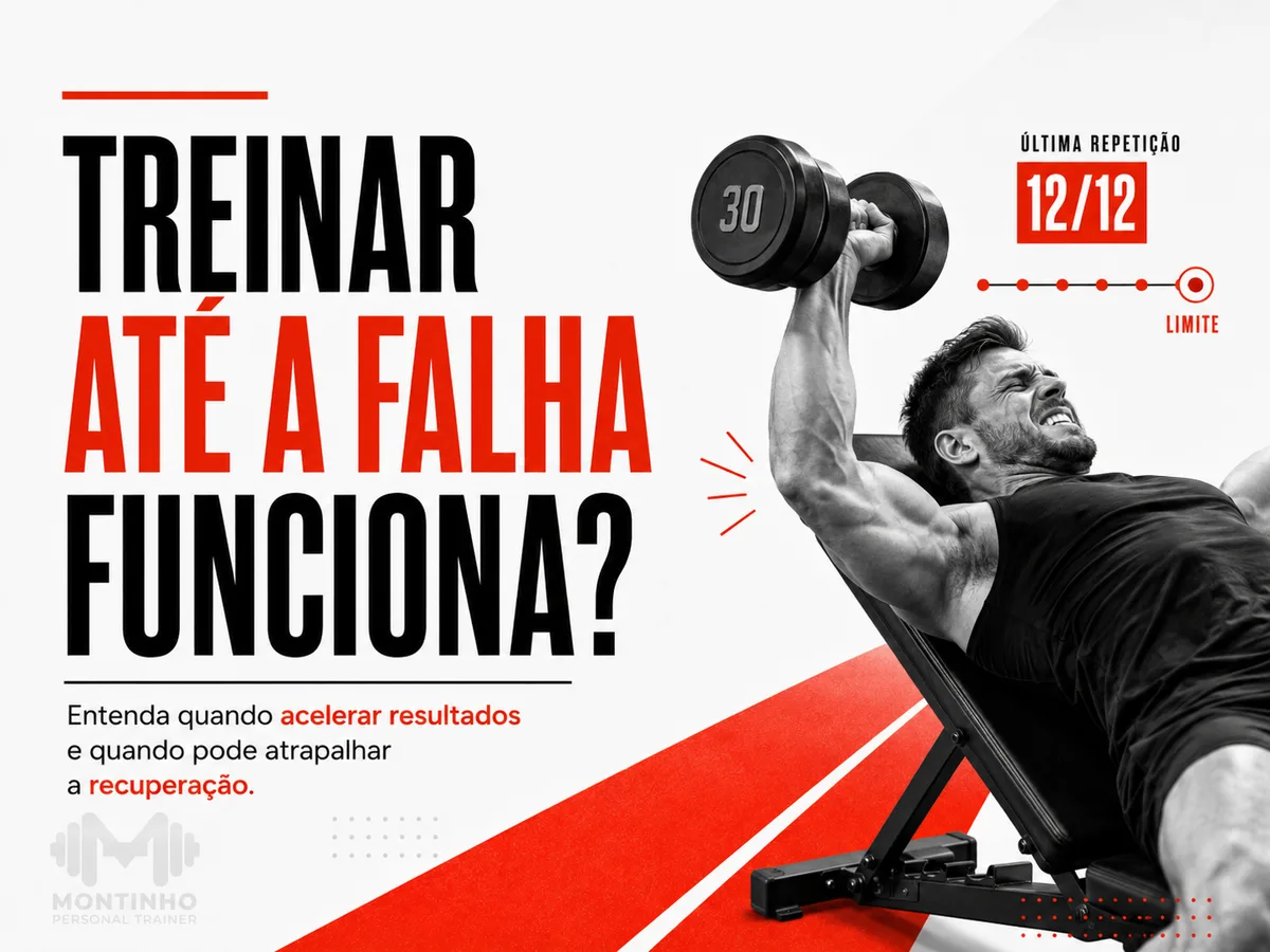 Arte com atleta no limite da última repetição no supino com halter de 30 kg, marcador 12/12, capa do artigo Treinar até a falha funciona — Personal por Perto