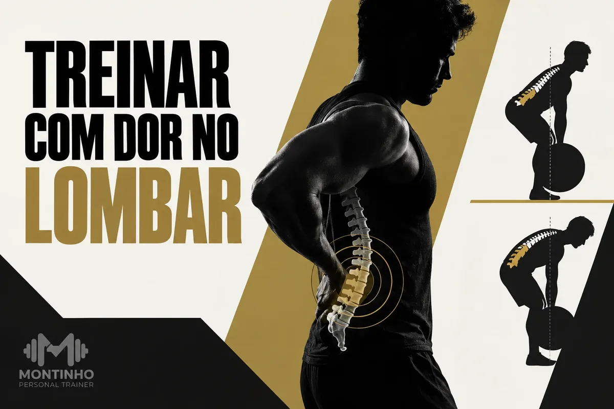 Arte da capa: silhueta de perfil com a coluna lombar destacada e ilustrações da postura na flexão de tronco — treinar com dor lombar: o que ajustar no treino — Personal por Perto