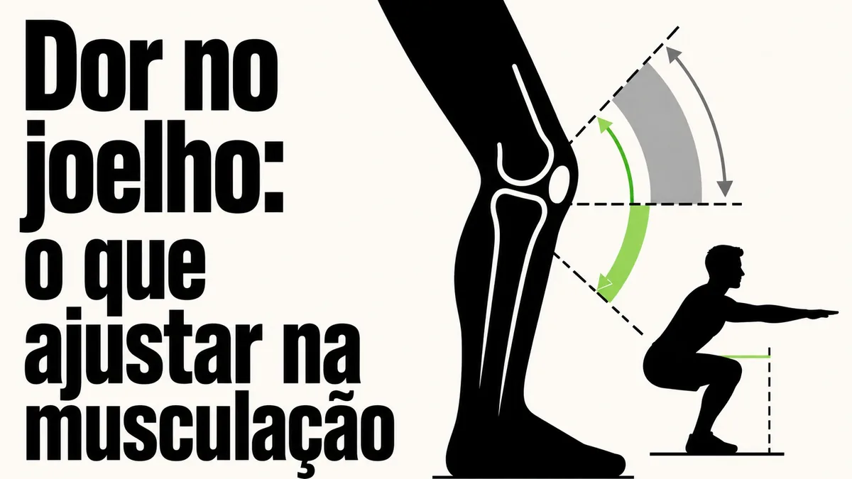 Arte da capa: diagrama do joelho com os arcos de amplitude segura e arriscada, ao lado de uma silhueta em agachamento parcial — dor no joelho: o que ajustar na musculação — Personal por Perto