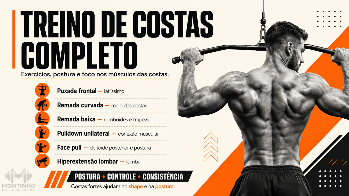 Arte da capa: homem executando puxada frontal na polia, de costas, ao lado da lista puxada frontal, remada curvada, remada baixa, pulldown unilateral, face pull e hiperextensão lombar — treino de costas completo — Personal por Perto