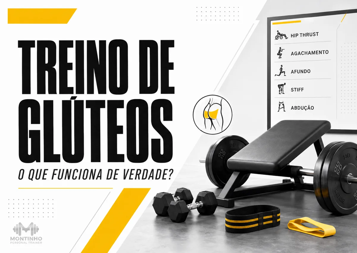 Capa do artigo Treino de glúteos: banco inclinado, barra com anilhas, halteres e faixas de resistência ao lado do quadro com hip thrust, agachamento, afundo, stiff e abdução — Personal por Perto