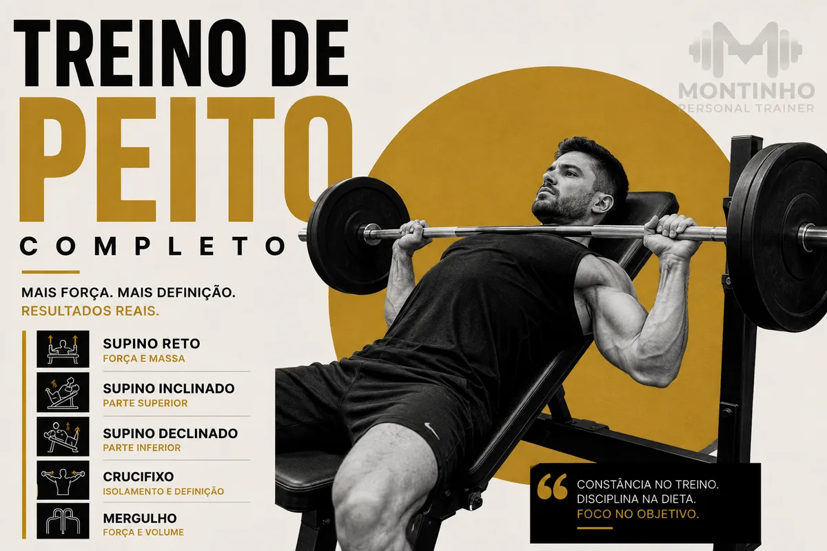 Arte da capa: homem no supino inclinado com barra, ao lado da lista supino reto, supino inclinado, supino declinado, crucifixo e mergulho — treino de peito completo — Personal por Perto