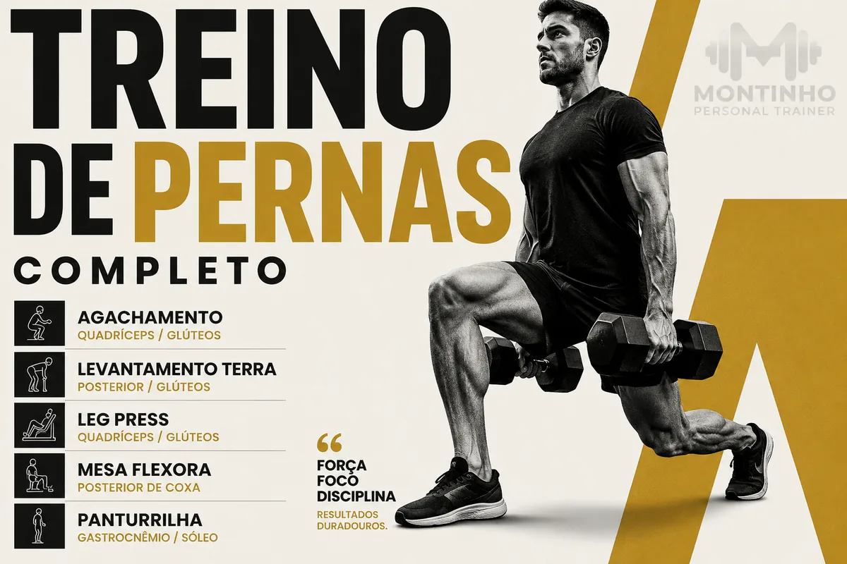 Arte da capa: homem executando afundo com halteres ao lado da lista agachamento, levantamento terra, leg press, mesa flexora e panturrilha — treino de pernas completo — Personal por Perto
