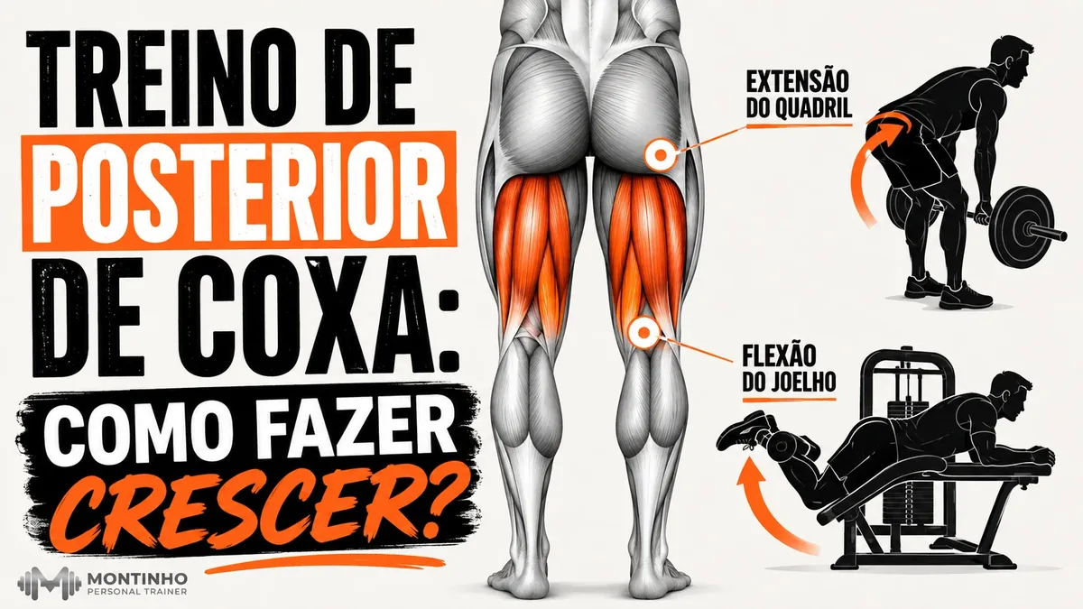 Arte da capa: ilustração anatômica das pernas com o posterior de coxa destacado, indicando extensão do quadril no stiff e flexão do joelho na mesa flexora — treino de posterior de coxa: como fazer crescer — Personal por Perto