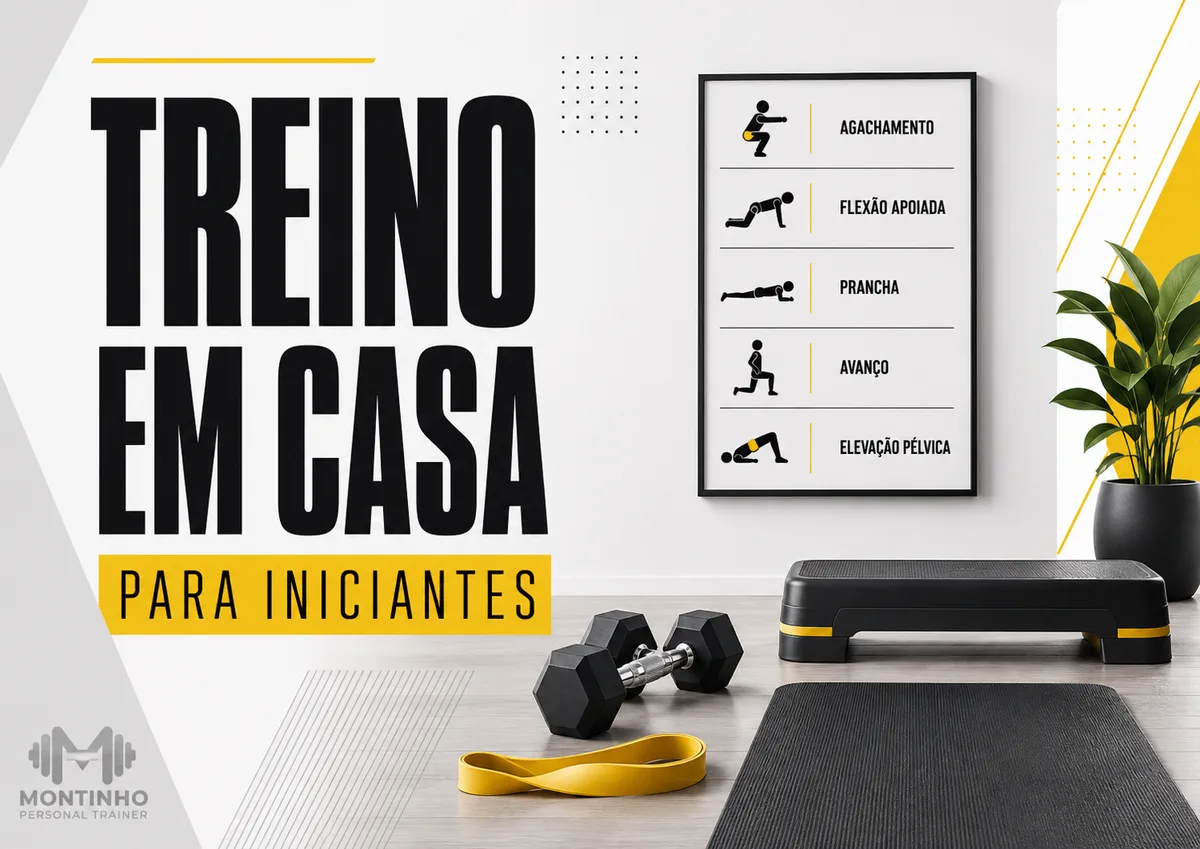 Capa do artigo Treino em casa para iniciantes: halteres, step, mini band e colchonete diante do quadro com agachamento, flexão apoiada, prancha, avanço e elevação pélvica — Personal por Perto