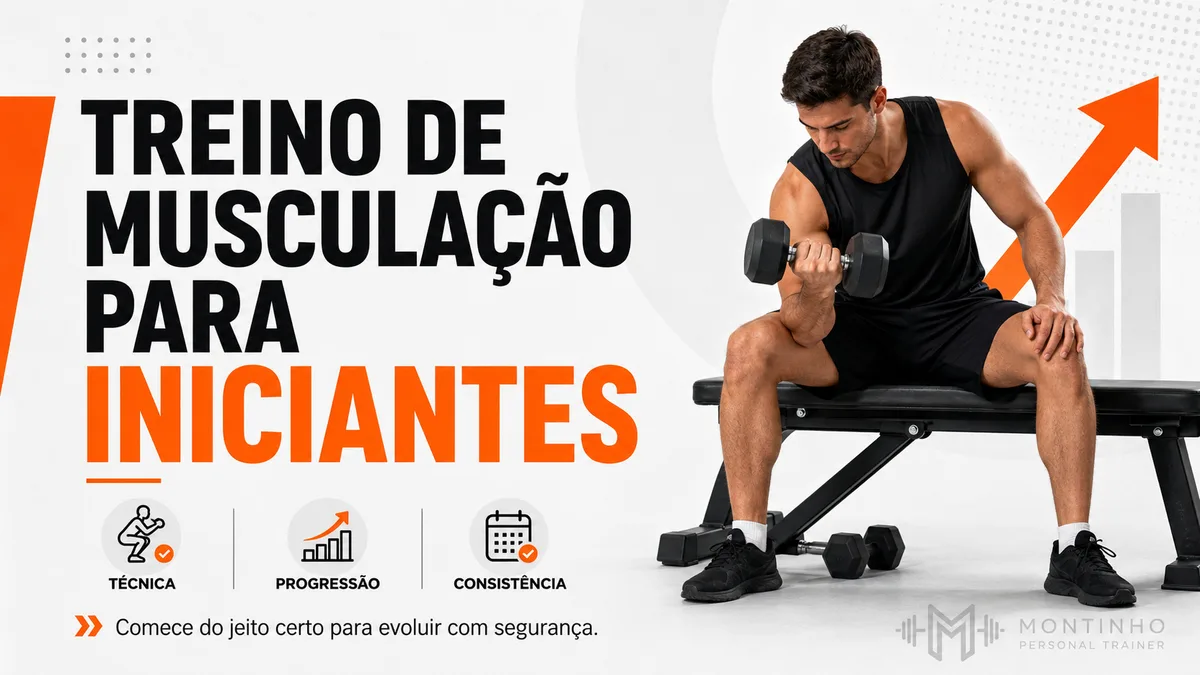 Iniciante sentado no banco fazendo rosca com halter, ilustrando o guia de treino de musculação para iniciantes — Personal por Perto