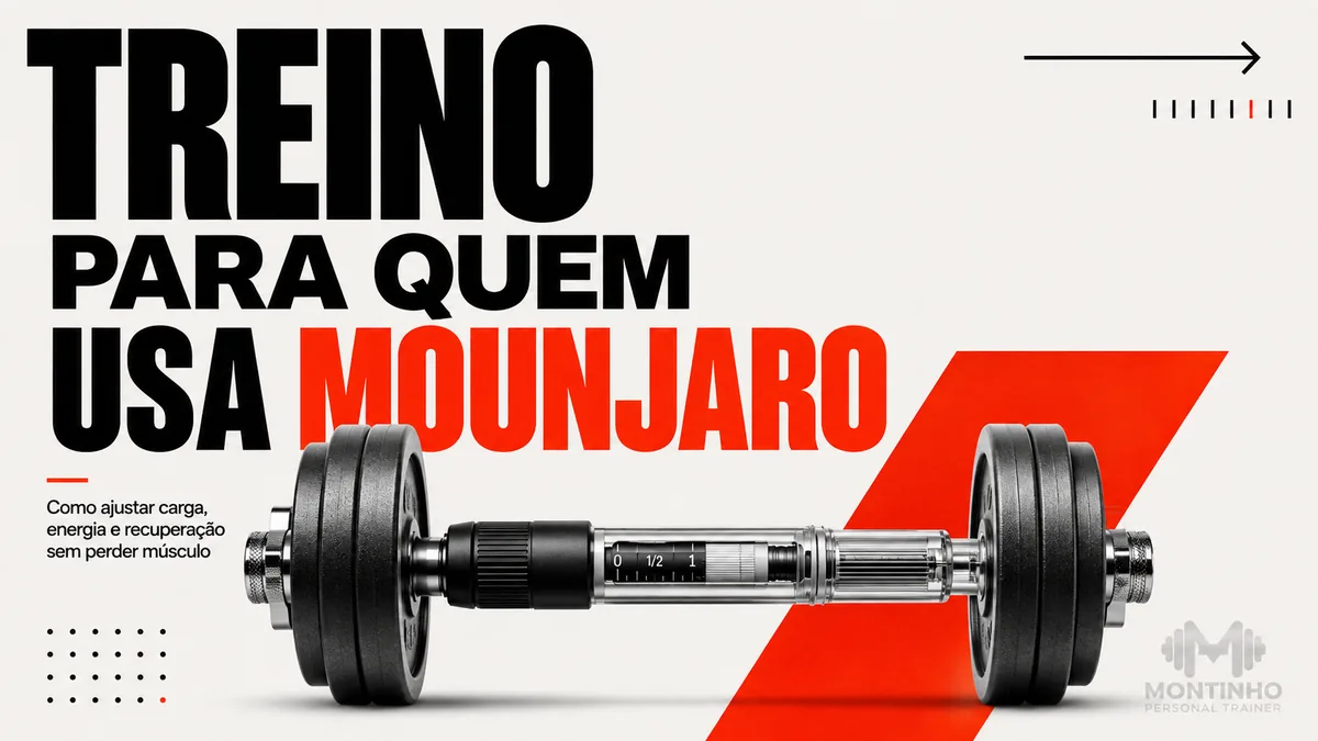 Arte da capa: halter e caneta de aplicação em um só objeto — treino para quem usa Mounjaro, com carga, energia e recuperação ajustadas — Personal por Perto