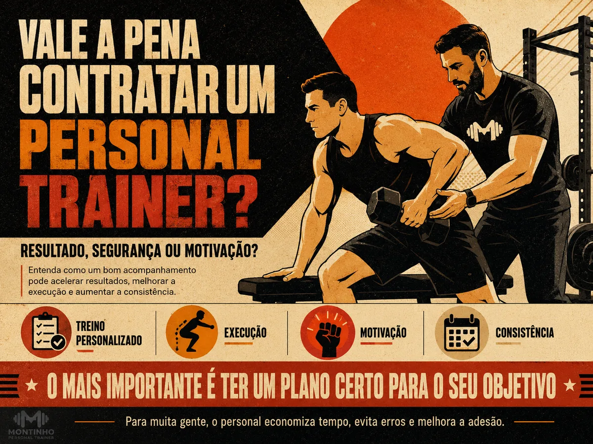 Ilustração retrô de personal trainer corrigindo a execução de remada unilateral com halter, com os pilares treino personalizado, execução, motivação e consistência — Personal por Perto