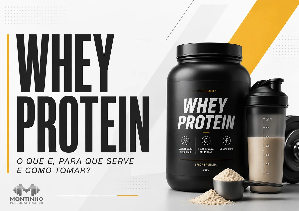 Capa do artigo Whey protein: pote de whey sabor baunilha ao lado de coqueteleira e scoop com o pó, com os selos de construção muscular, recuperação e desempenho — Personal por Perto