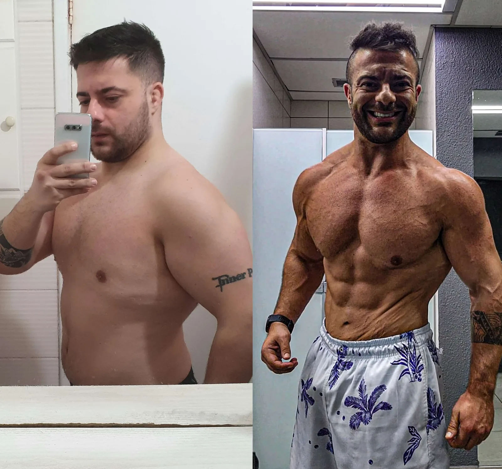 Antes e depois do Montinho Personal: à esquerda, selfie no espelho com sobrepeso; à direita, sem camisa e com o físico definido — personal trainer destacado pelo portal para quem treina em Osasco